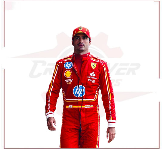 2024 Carlos Sainz jr Monaco GP Scuderia Ferrari HP F1 Team Racing Suit - CROSSOVER RACEWEARS 