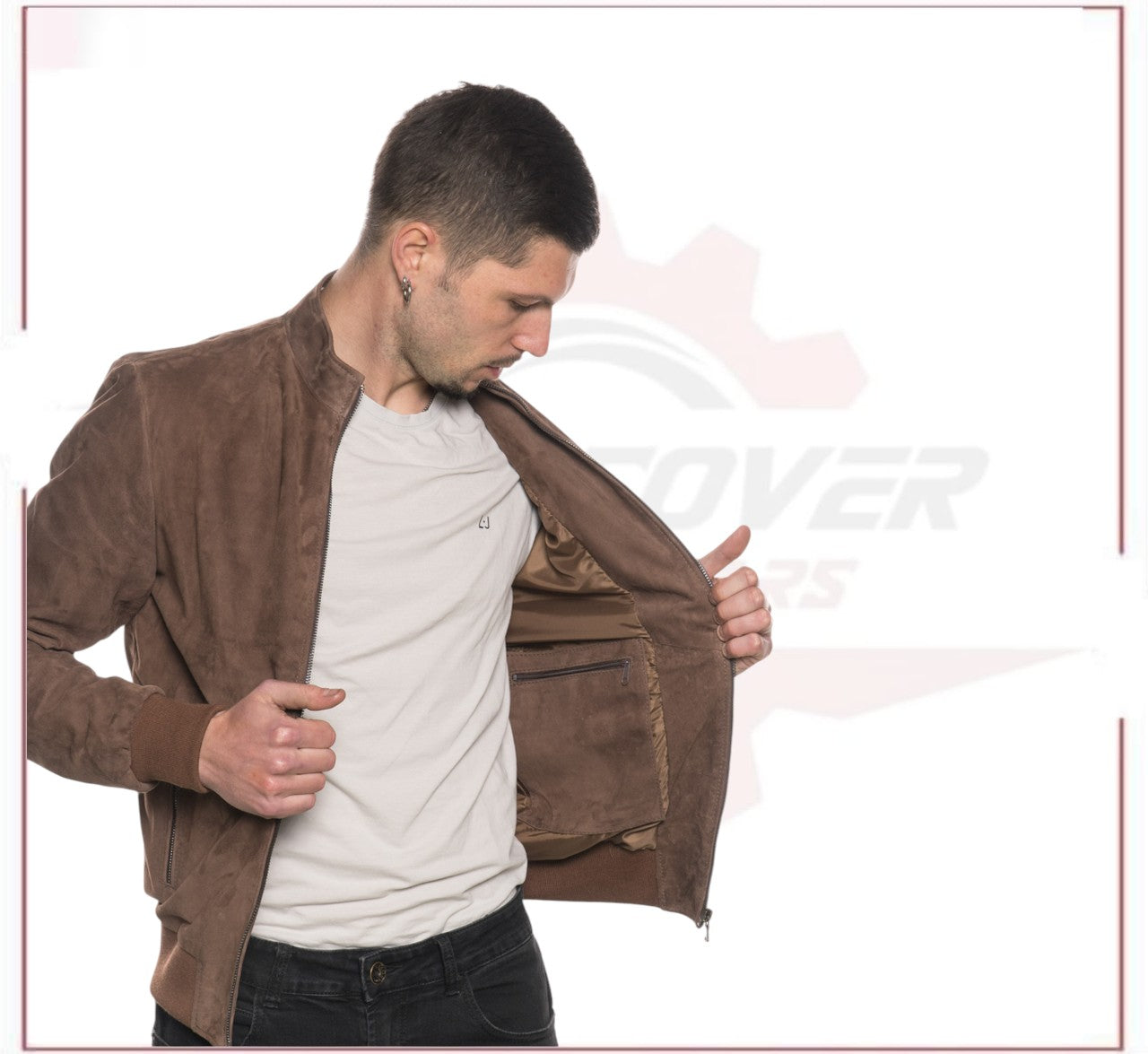 Victor - Men's Bomber Jacket in Genuine Dark Brown Suede Leather CROSSOVER RACEWEARS
