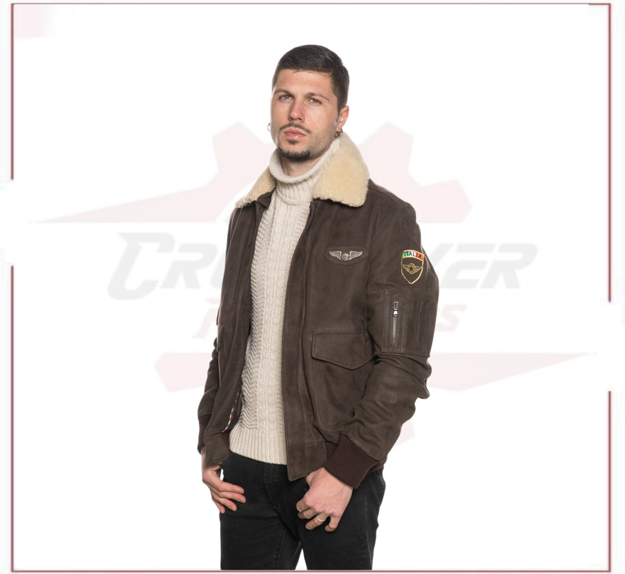 Men's Bomber Jacket in Genuine Dark Brown Nabuk Leather with Shearling Collar CROSSOVER RACEWEARS