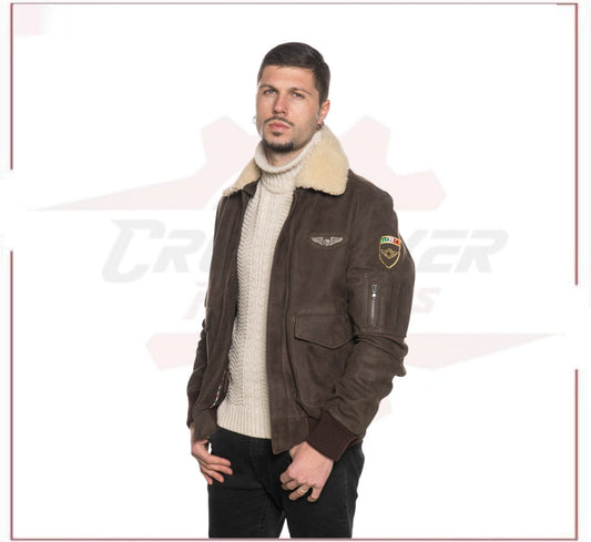 Men's Bomber Jacket in Genuine Dark Brown Nabuk Leather with Shearling Collar CROSSOVER RACEWEARS