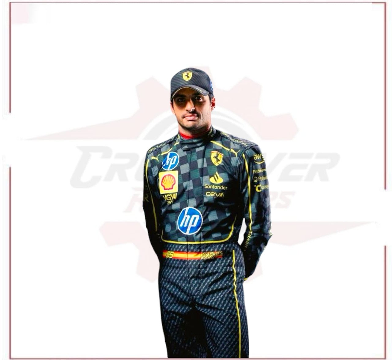 New 2024 Carlos Sainz HP Italy GP Scuderia Ferrari F1 Team Racing Suit - CROSSOVER RACEWEARS 