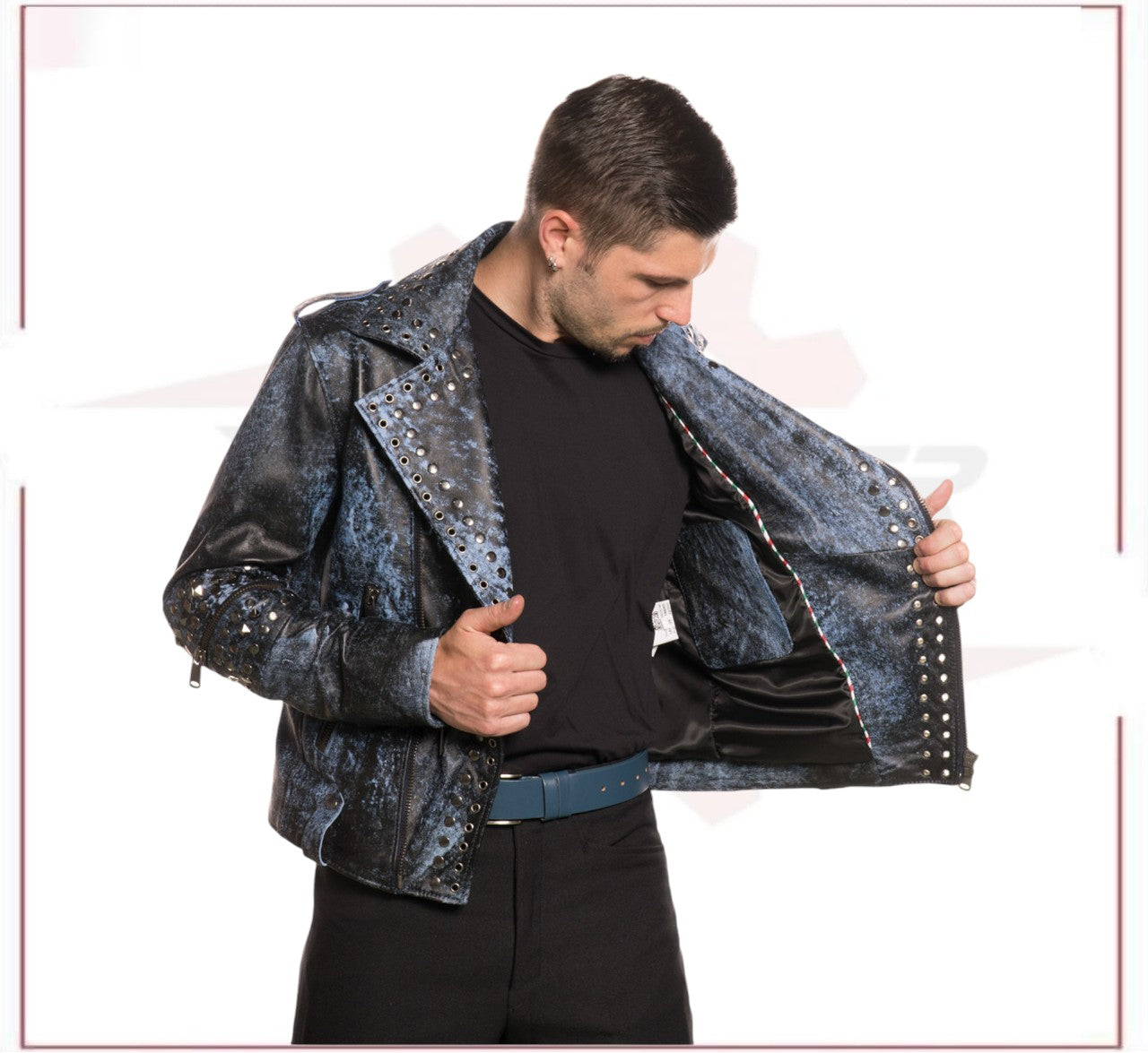 Vasco - Men's Studded Jacket in Genuine Blue Leather CROSSOVER RACEWEARS