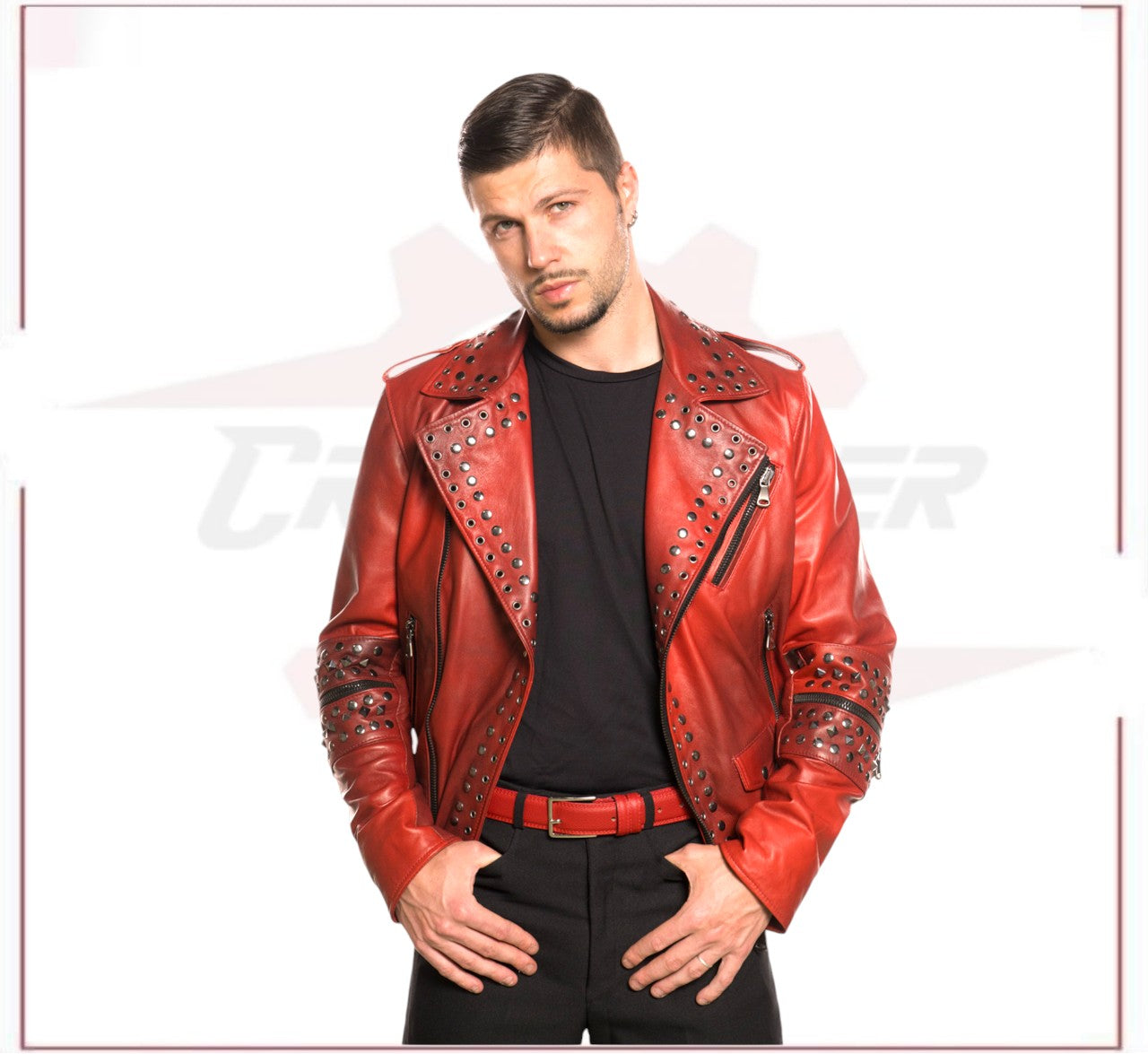 Vasco - Men's Studded Jacket in Genuine Bordeaux Leather CROSSOVER RACEWEARS