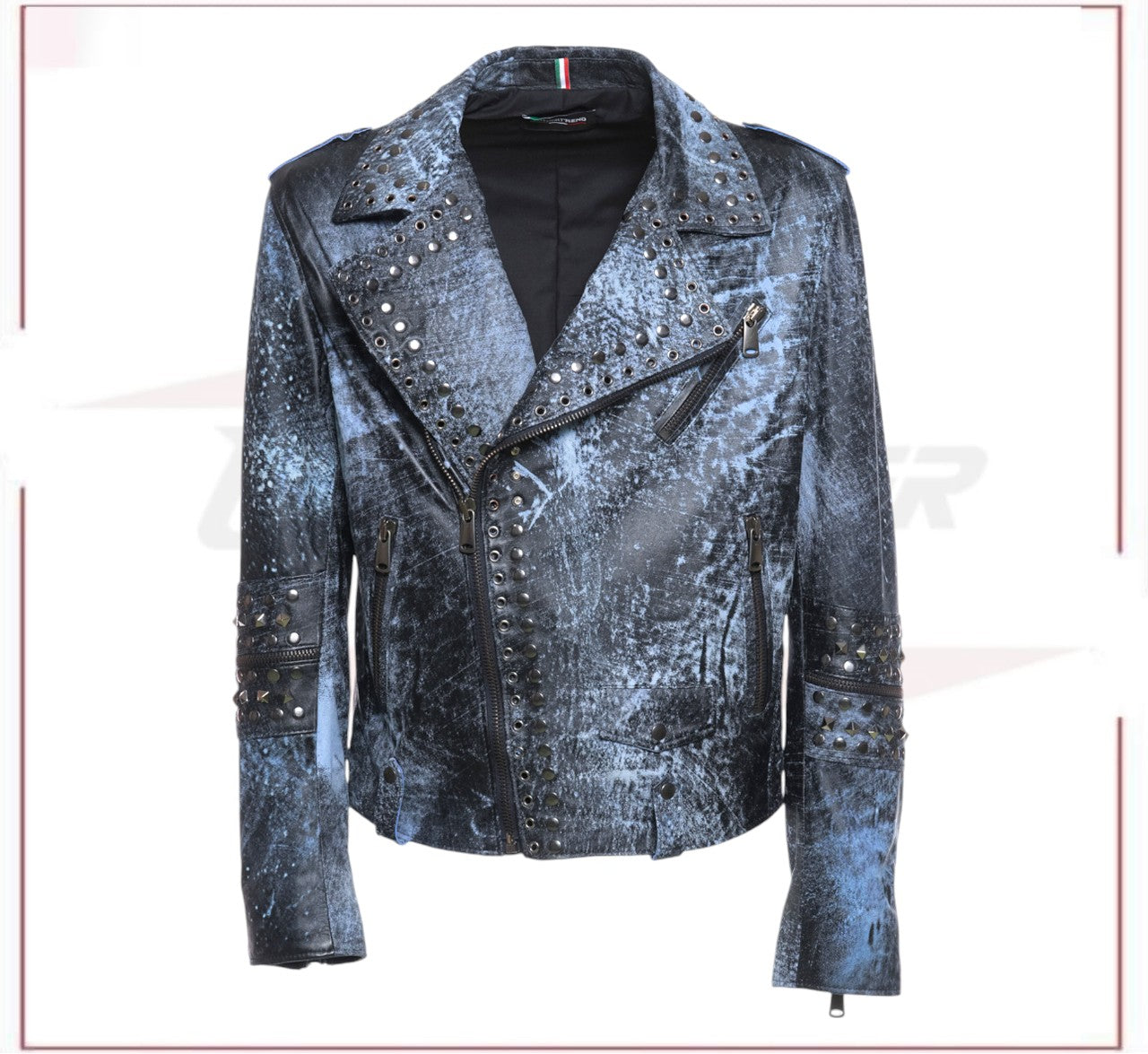Vasco - Men's Studded Jacket in Genuine Blue Leather CROSSOVER RACEWEARS