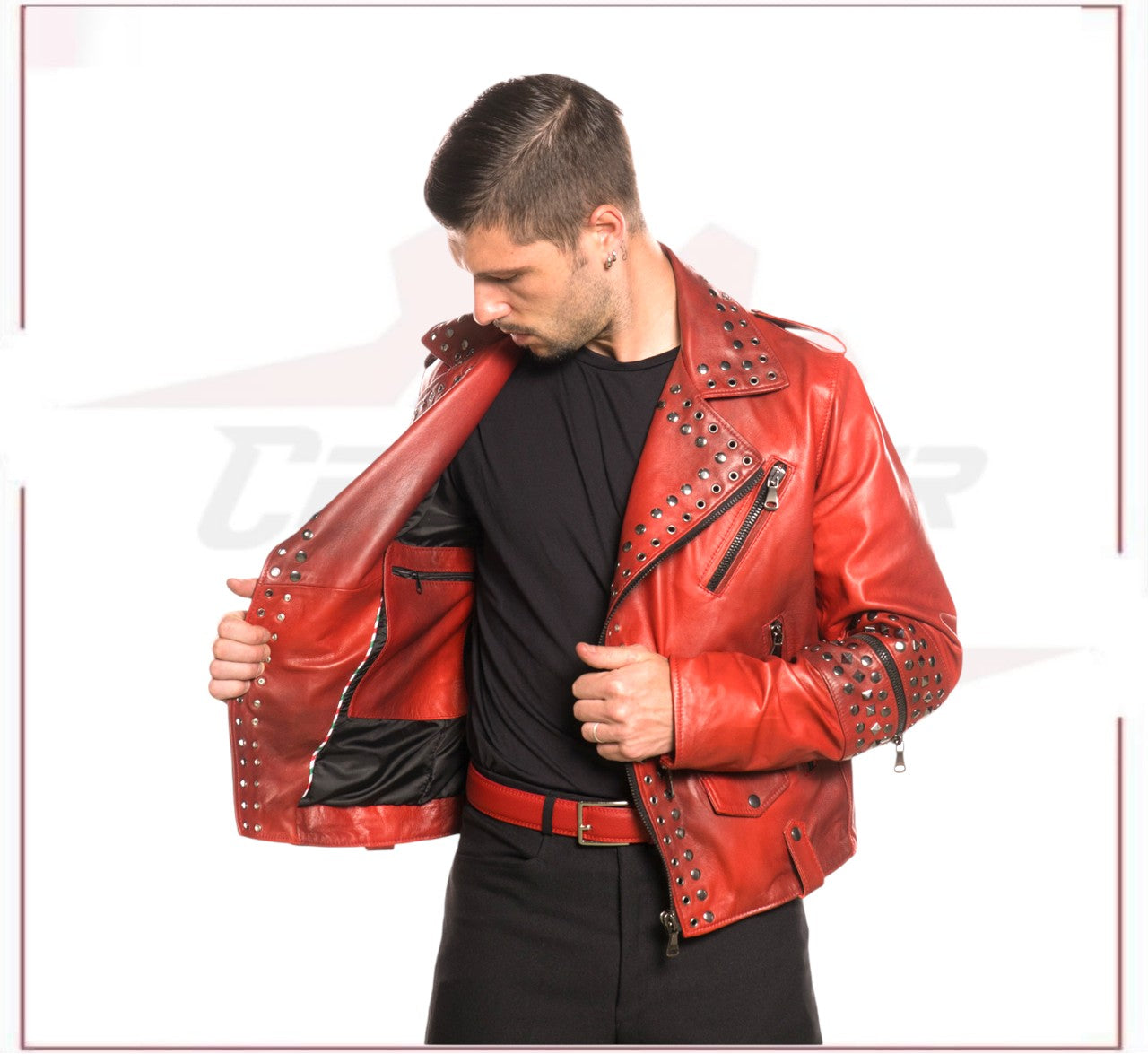 Vasco - Men's Studded Jacket in Genuine Bordeaux Leather CROSSOVER RACEWEARS