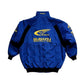 Blue and yellow Subaru World Rally Team jacket on a white background