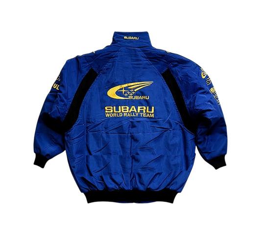 Blue and yellow Subaru World Rally Team jacket on a white background