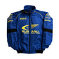 Blue and yellow Subaru World Rally Team jacket on a white background