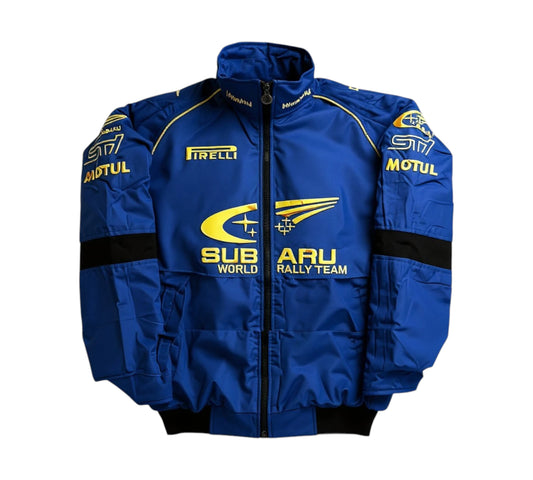 Blue and yellow Subaru World Rally Team jacket on a white background