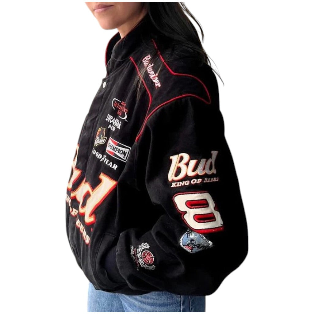 Black racing jacket with various logos and text on a white background