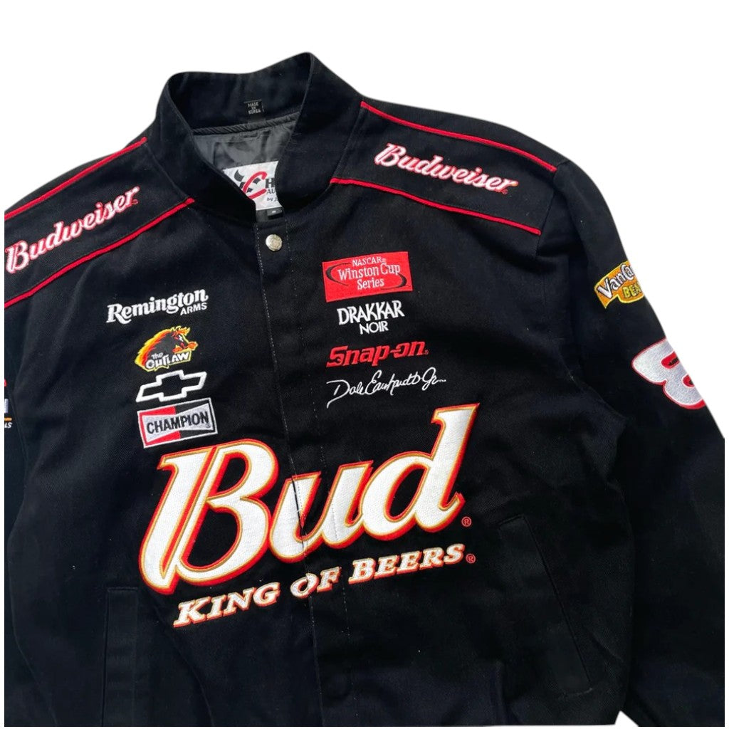 Black jacket with Budweiser and other brand logos on a white background