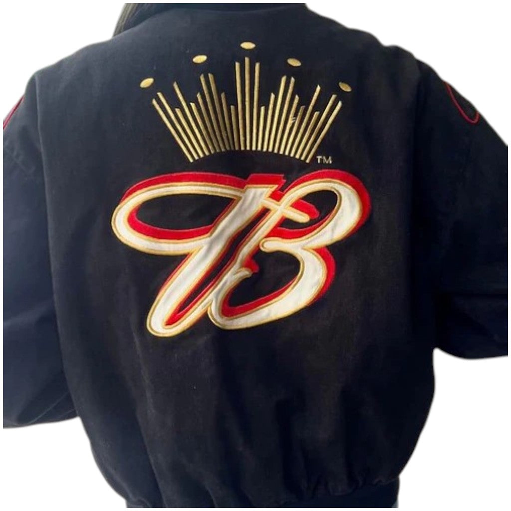 Black jacket with a prominent logo on the back against a white background