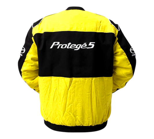 Yellow and black jacket with 'Protege5' branding on a white background