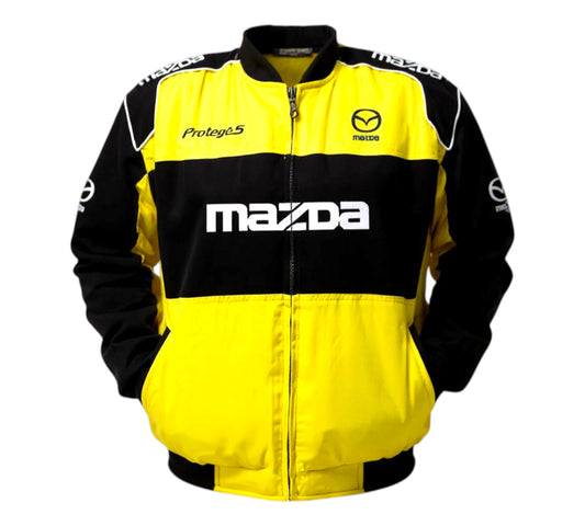 Yellow and black jacket with Mazda logos on a white background