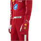 Red racing suit with various logos on a white background