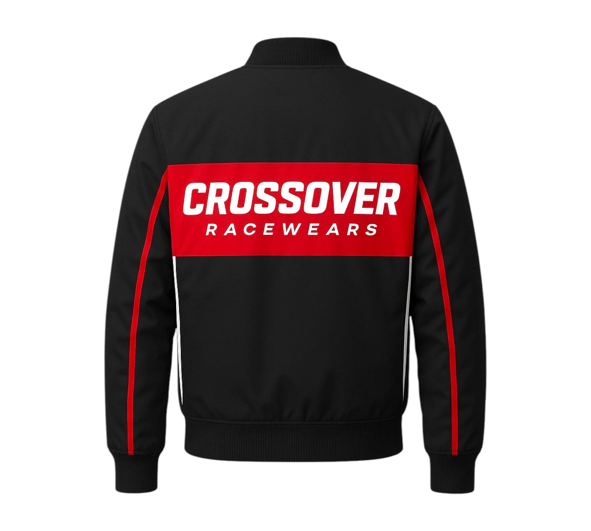 Black jacket with red accents and 'Crossover Racewears' logo on a white background