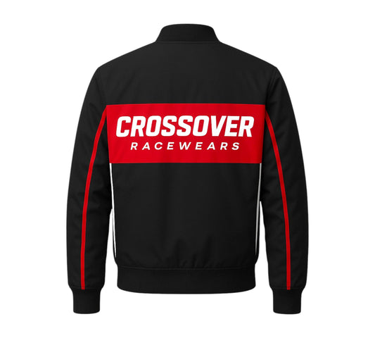 Black jacket with red accents and 'Crossover Racewears' logo on a white background