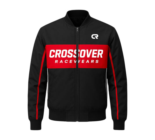 Black jacket with red accents and 'Crossover Racewears' logo on a white background
