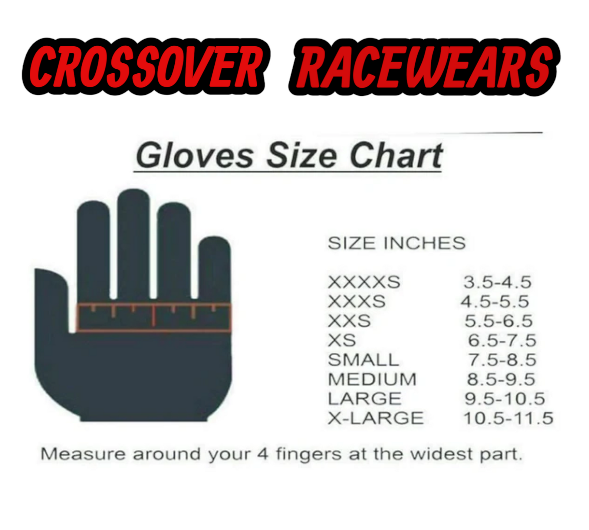 Gloves size chart from Crossover Racewears with a hand illustration and measurement guide.