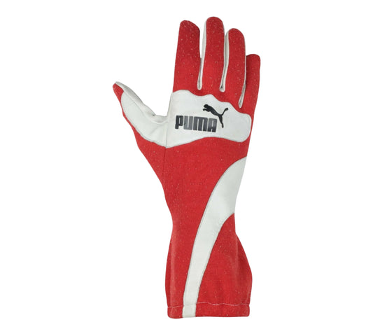 Red and white Puma racing glove on a white background