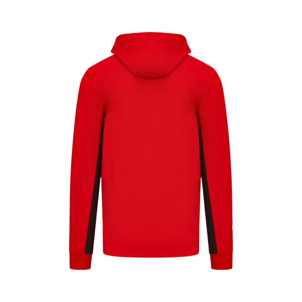 Red hoodie with black accents on a white background