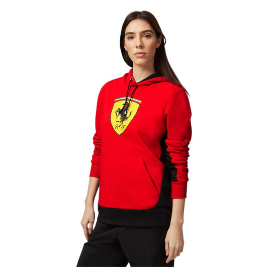Person wearing a red hoodie with a logo on a white background
