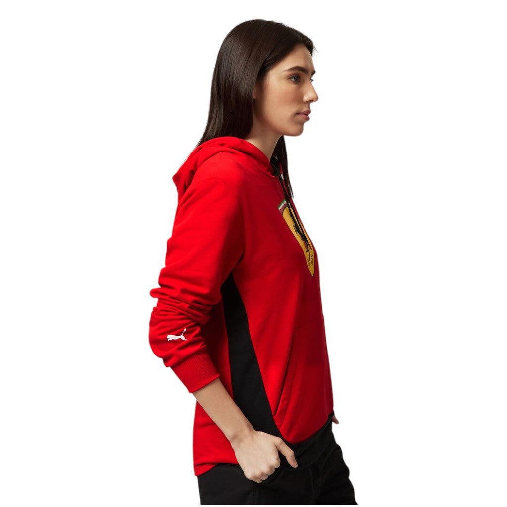 Person wearing a red hoodie with a logo on a white background