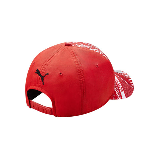 Red cap with a brand logo on a white background