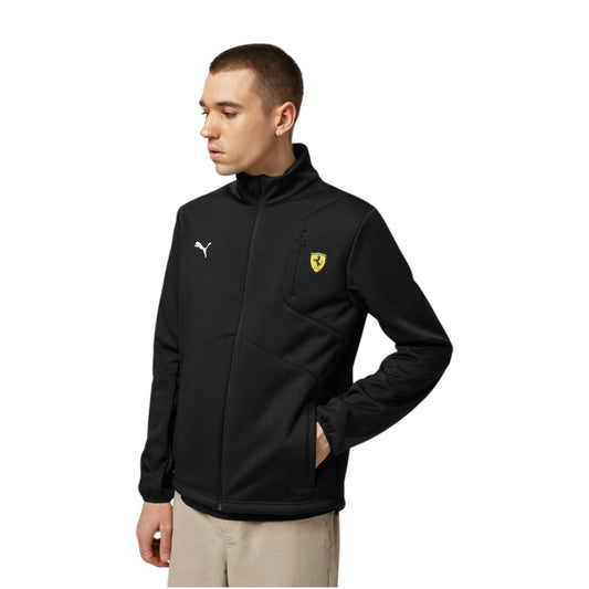 Man wearing a black jacket with a Ferrari logo on a white background