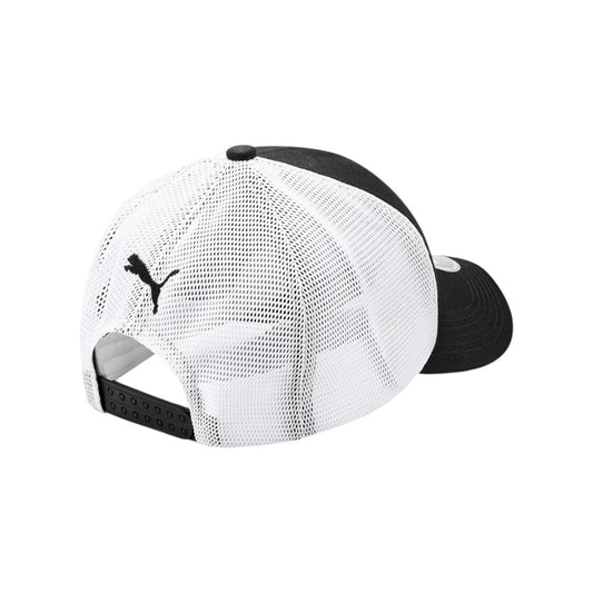 White and black cap with Puma logo on a white background