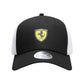 Black and white cap with Ferrari logo on a white background