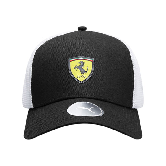 Black and white cap with Ferrari logo on a white background