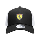 Black and white cap with Ferrari logo on a white background
