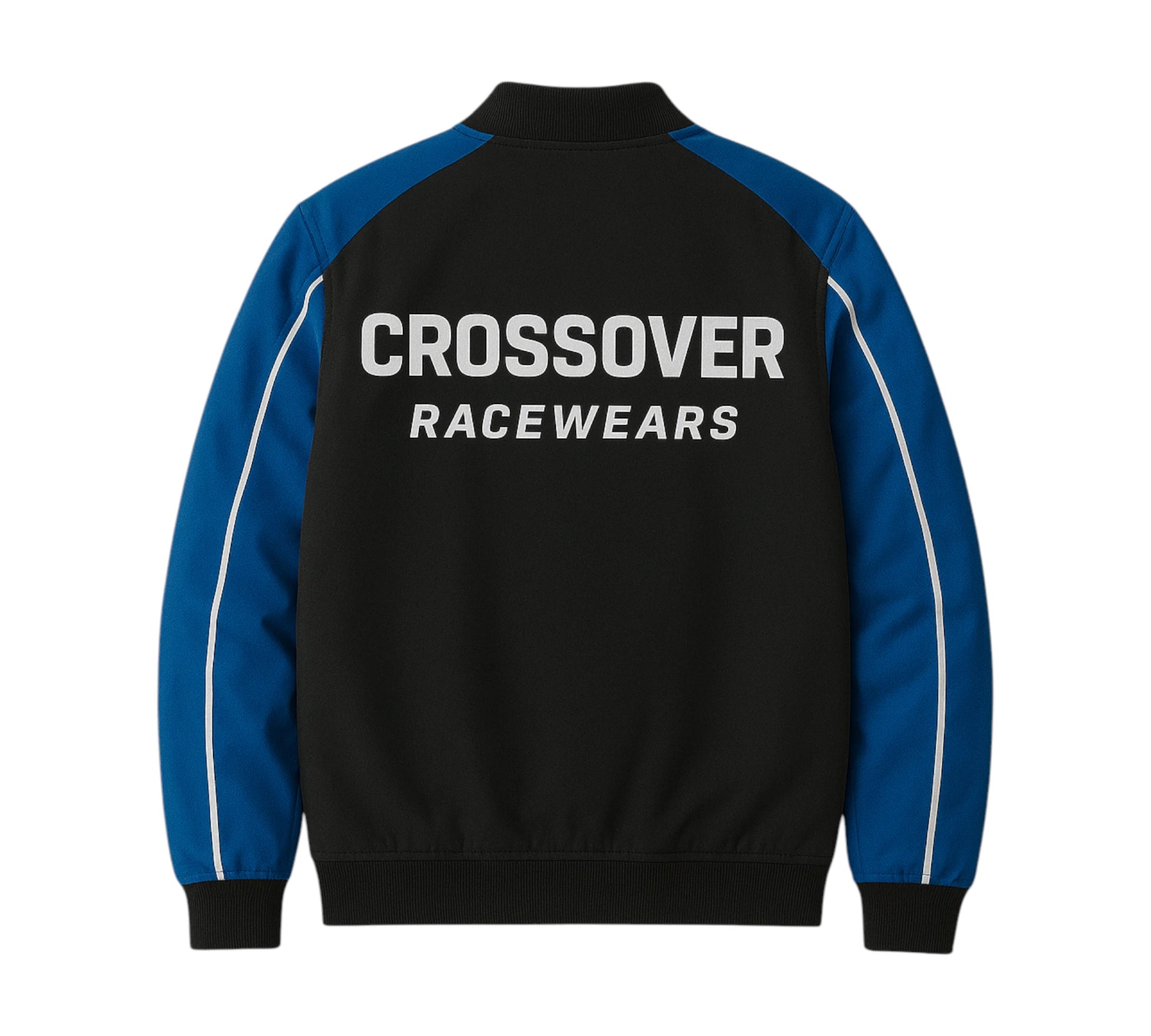 Black jacket with blue accents and 'Crossover Racewears' logo on a white background