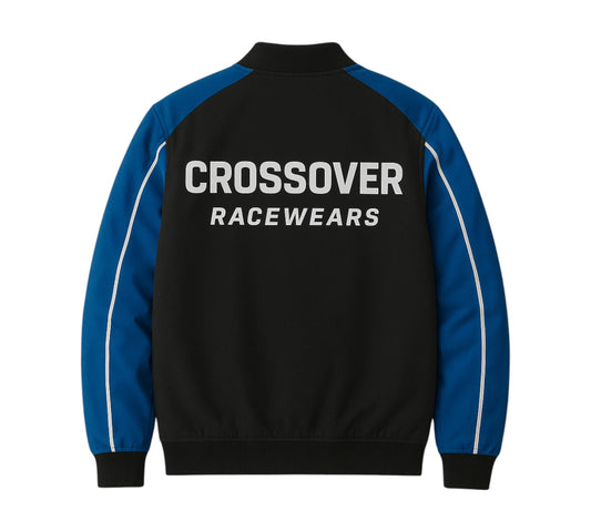 Black jacket with blue accents and 'Crossover Racewears' logo on a white background