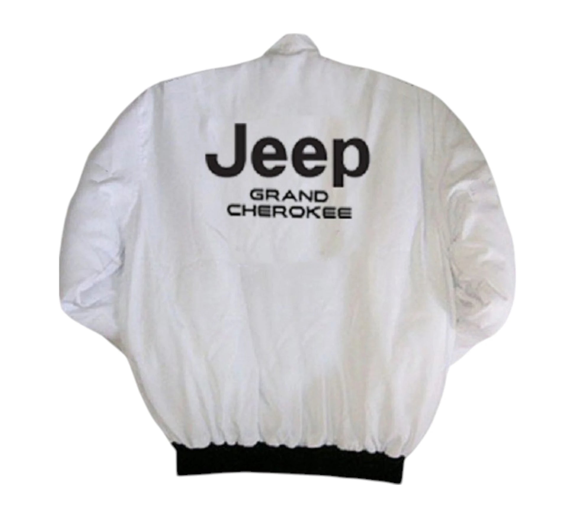 White jacket with 'Jeep Grand Cherokee' text on a white background