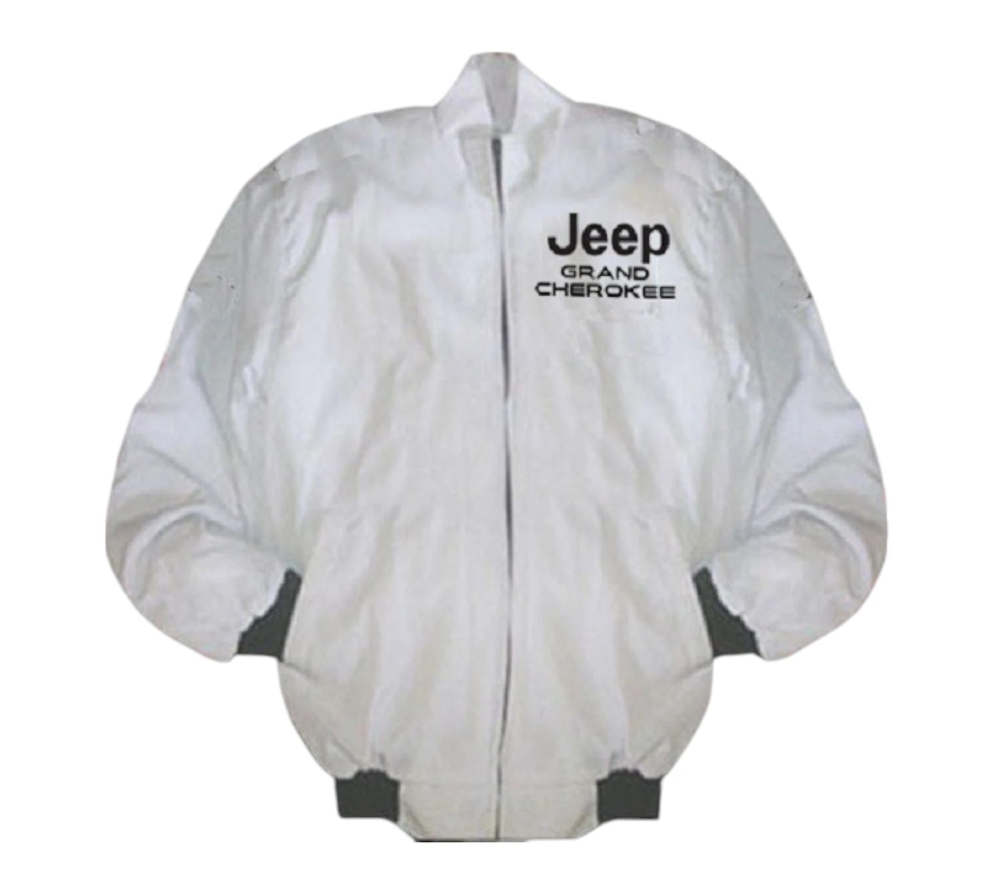 White jacket with 'Jeep Grand Cherokee' text on a white background