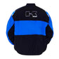 Black and blue jacket with a logo on the back against a white background