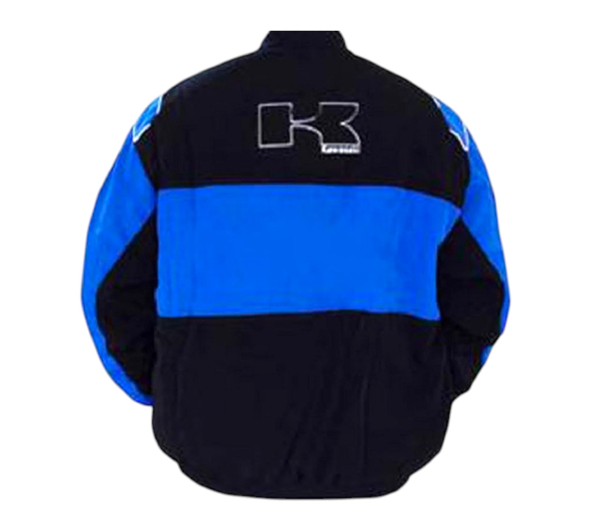 Black and blue jacket with a logo on the back against a white background
