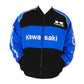 Blue and black jacket with Kawasaki branding on a white background