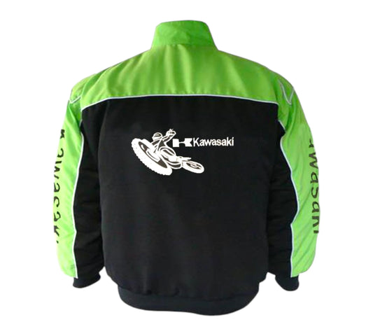 Green and black jacket with Kawasaki logo on a white background