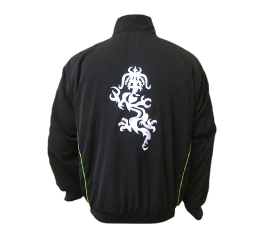 Black jacket with a white dragon design on the back against a white background