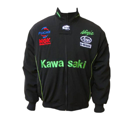 Black jacket with Kawasaki and sponsor logos on a white background