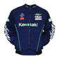 Blue Kawasaki jacket with various brand logos on a white background