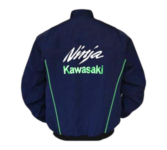 Navy blue jacket with 'Ninja Kawasaki' text on a white background