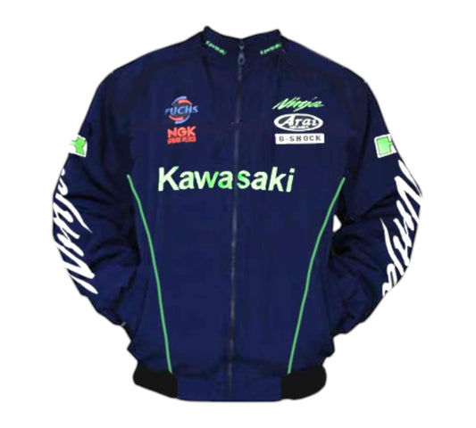 Blue Kawasaki jacket with various brand logos on a white background