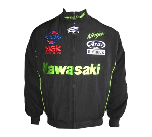 Black jacket with Kawasaki and various brand logos on a white background