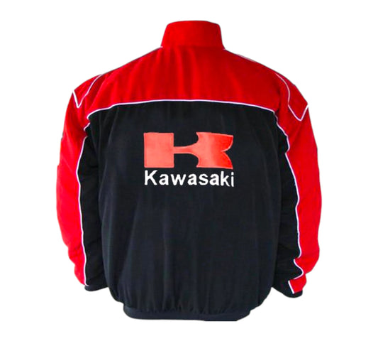 Red and black jacket with Kawasaki logo on a white background