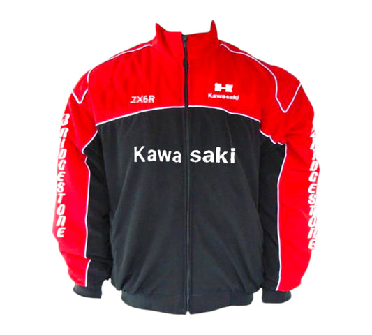 Red and black jacket with Kawasaki branding on a white background