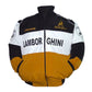 Lamborghini jacket with black, white, and gold colors on a white background